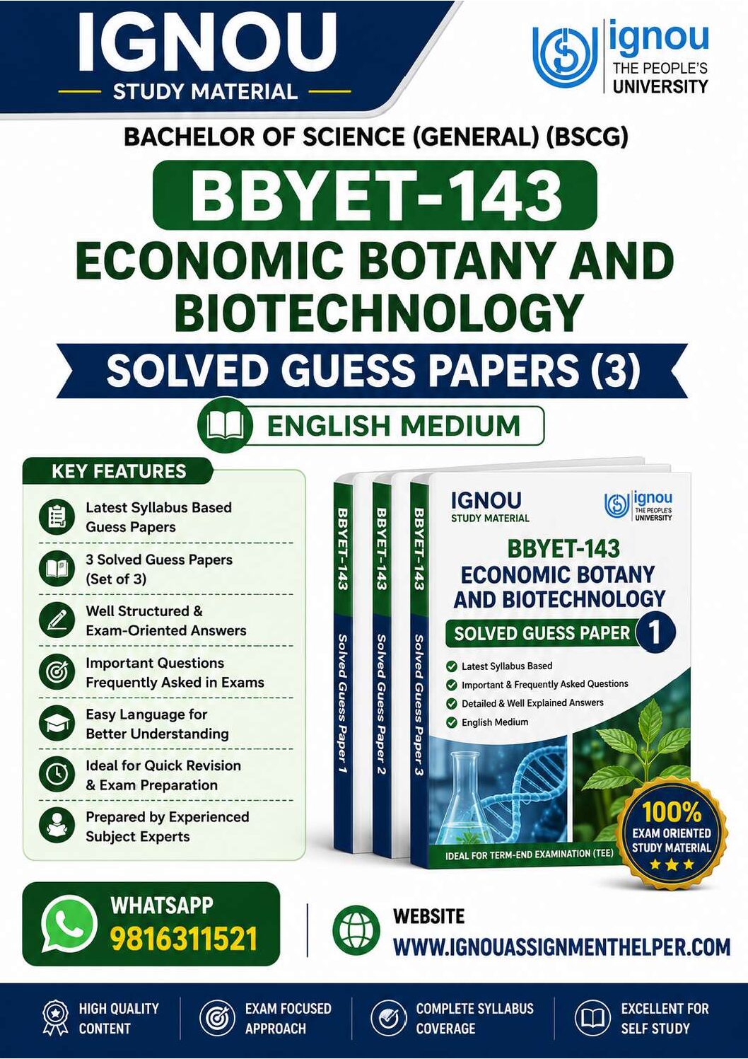 IGNOU BBYET-143 Economic Botany and Biotechnology Solved Guess Papers (Set of 3) | BSCG | English Medium