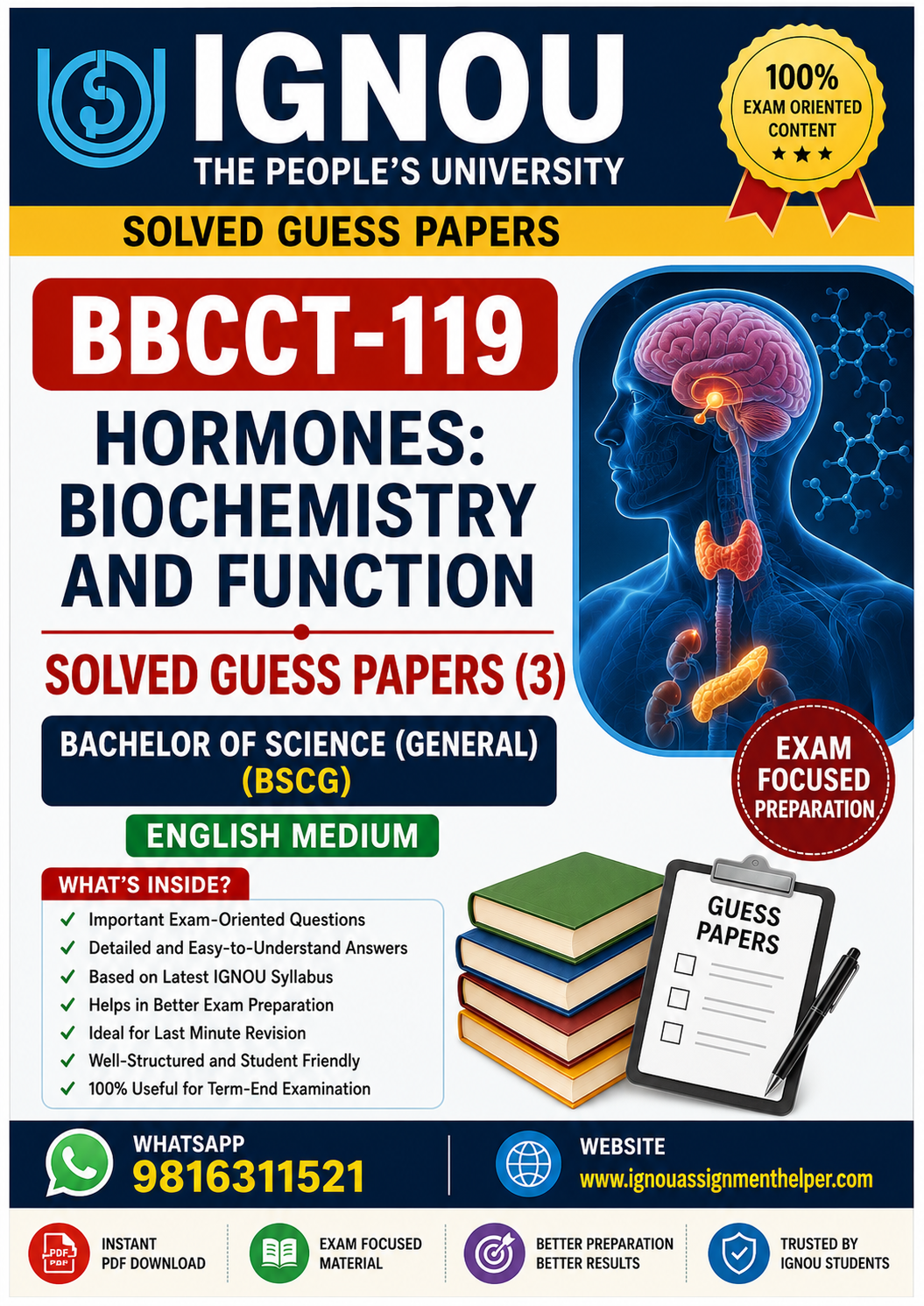 IGNOU BBCCT-119 Hormones: Biochemistry and Function Solved Guess Papers (3) | B.Sc. General (BSCG) | English Medium PDF