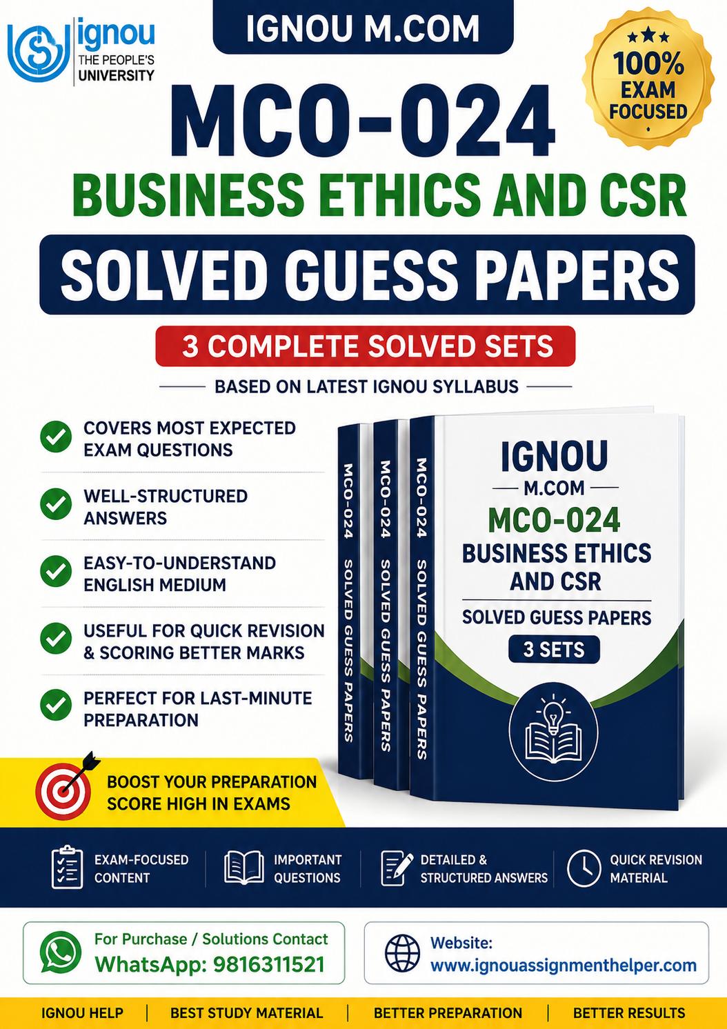M.Com (MCO–024) Business Ethics & CSR | 📑 3 Solved Guess Papers | 🧾 IGNOU Study Material (English Medium)